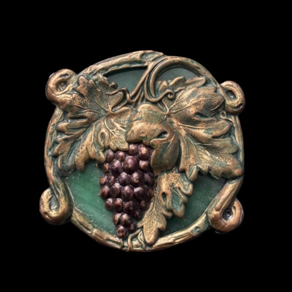 Vintage Studio 229 Round Grapevine Green Stained Glass and Brass Brooch